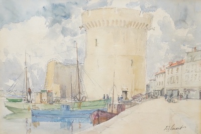 Two naval watercolours; E. Hopkins, watercolour, Royal Navy battleship HMS Malaya, 20.5 x 32.5cm, together with Douglas Ian Smart (1879-1970), watercolour, Saint Nicholas Tower at the harbour in La Rochelle, France, 23 x